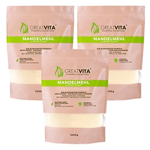 GreatVita Mandelmehl 3x1kg - Fein gemahlen aus blanchierten Mandeln - Mehl aus 100% naturbelassenen Mandeln, ideal für glutenfreie Backwaren und gesunde Ernährung, 3x1kg Packung für langfristigen Vorrat.
