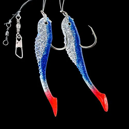 DEGA - 2er Gummifisch-Vorfach mit Reflexfolie, aus 2 Gummifischen, Schnur 0,60mm, Hakengröße 4/0, weiche Ausführung (Blau-Glitter)