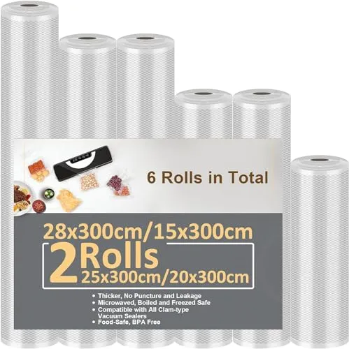 Vakuumierbeutel 6 Rollen Vakuumierfolie 15/20/20/25/25/28x300cm(18m), Profi-Folienrollen Vakuumierer Lebensmittel BPA-frei, stark & reißfest, für alle Vakuumierer & Sous Vide Gefrierbeutel