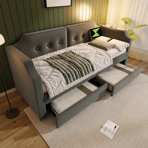 MODFU Polsterbett,Schlafsofa, 90x200 cm mit USB-Type-C Leselicht, kinderbett mit 2 Stauraum Schubladen, Jugendbett mit Lattenrost aus Holz, Samt, Mit Matratze,Grau