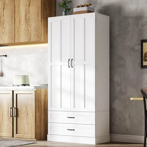 MODFU 180cm Küchenschrank Weiß mit 3 Ausziehböden und 2 Schubladen