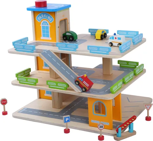 CHIC2000 Spiel-Parkgarage bunt - inklusive 4 Autos - Parkgaragen-Set aus Holz mit 3 Etagen, Aufzug und Hubschrauberlandeplatz. Ideal für kreativen Spielspaß ab 3 Jahren.
