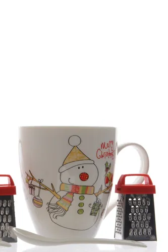 Tasse Becher Schokobecher Porzellan mit Reibeeisen und Löffel Schneemann
