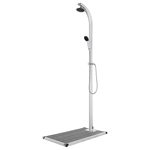vidaXL Gartendusche mit Grauer Bodenplatte - Moderne Außendusche aus witterungsbeständigem Aluminium, ideal für Pool und Garten. Mit Kopfdusche und flexibler Handbrause für vielseitige Nutzung.