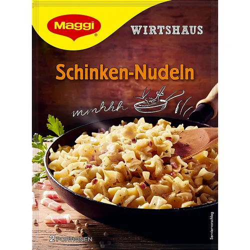Maggi Wirtshaus Schinken Nudeln mit Röstzwiebeln und Speck 168g - Deftige Fertigsauce mit herzhaftem Schinken und knusprigen Röstzwiebeln, ideal für schnelle und leckere Gerichte. Genießen Sie den vollen Geschmack in nur wenigen Minuten!
