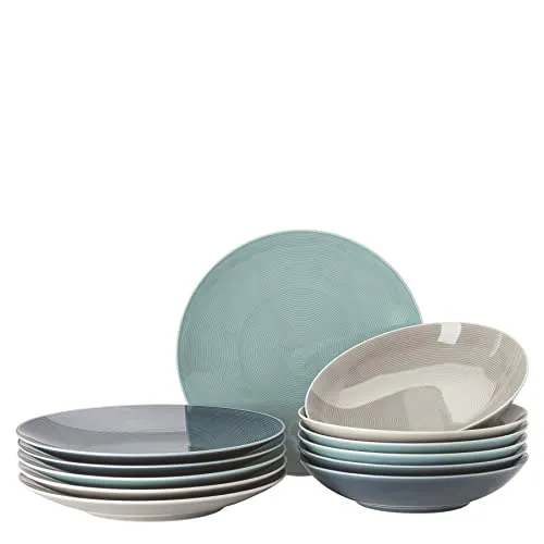 Thomas Tafelservice 12tlg. LOFT NORDIC COLOURS - Hochwertiges Porzellan-Tafelservice für 6 Personen, modernes Design in Grau und Blau mit pflegeleichten Eigenschaften