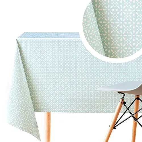 Abwischbare Wachstuch Türkis Entenei Farbe im Vintage Weiß Blumendruck - PVC Wachstuchtischdecke Wasserabweisend, Rechteckige 250 x 140 cm Wachstischdeck Minze Tischdecke Landhausstil - Pflegeleicht