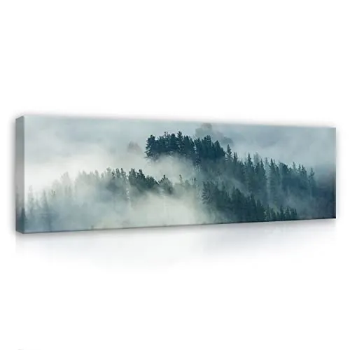WallArena - Leinwand Bilder - Wald im Nebel Natur Landschaft - 145x45 cm Leinwandbilder - Bild auf leinwand - Wandbild XXL groß Wandbilder für Wohnzimmer Schlafzimmer Wohnzimmerbilder Modern