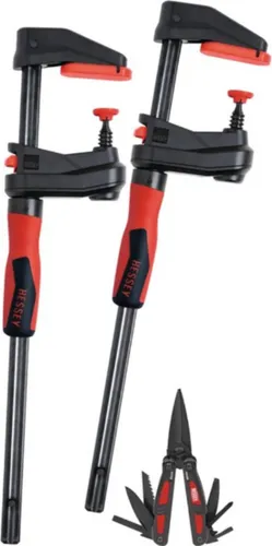 BESSEY GearKlamp Schraubzwingen Set - 2x Getriebezwinge GK30 + Multitool DBST - Werkstatteinrichtung mit 2 Getriebezwingen (Spannkraft 2000 N) und einem vielseitigen Multitool mit 7 Funktionen – ideal für Handwerker und Heimwerker.