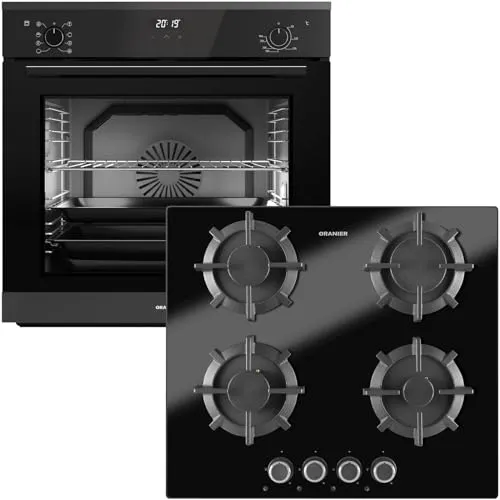 Oranier Backofen Set EBS420 Einbau autark - 9 Funktionen inkl. 60 cm Gas-Glaskeramik-Kochfeld GKH590-4 Kochstellen mit Design Bedienknebel