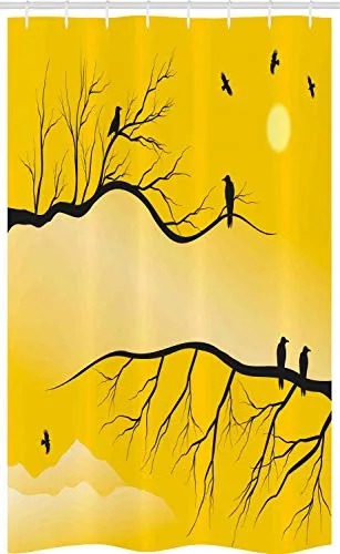 ABAKUHAUS Schwarze Krähe Schmaler Duschvorhang, Vögel auf Kahle Zweige, Badezimmer Deko Set aus Stoff mit Haken, 120 x 180 cm, Grau Gelb