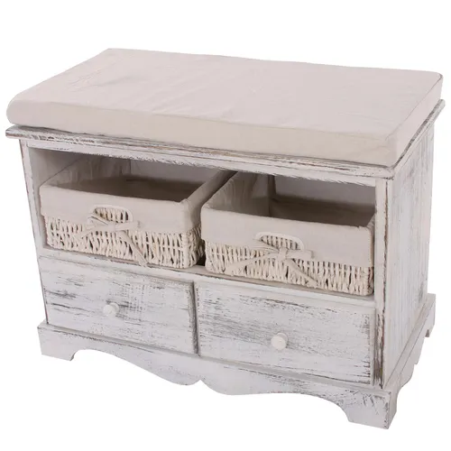Mendler Sitzbank Kommode mit 2 Körben - Shabby-Look Vintage in Weiß - Kommode im Shabby-Look mit 2 Körben, ideal für dekorativen Stauraum. Inklusive Sitzkissen, stabil und komplett montiert. Perfekt für jedes Zuhause!