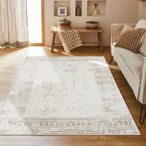 payé Teppich Wohnzimmer Creme 120x170 cm - Kurzflor, Klassisch Modern im Vintage-Stil mit Bordüre