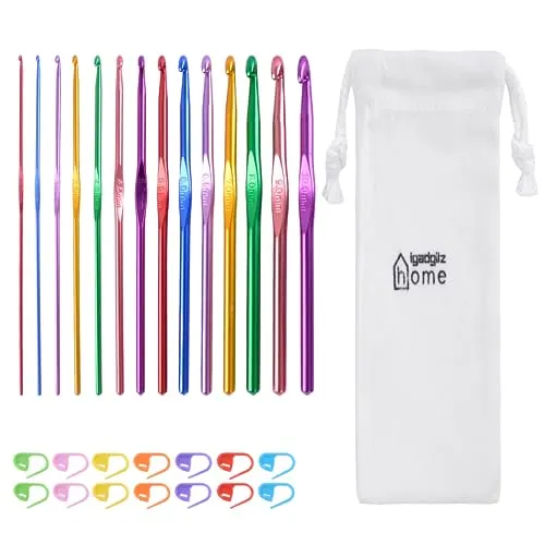 iGadgitz Home U7252 14-teiliges Aluminium- Häkelnadel Set (2-10 mm) plus 14-Teilige Maschenmarkierer mit Verschluss und Kordelzug - Mehrfarbig