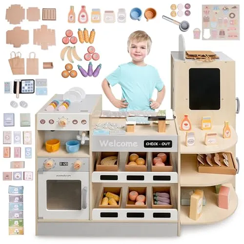 Mamabrum Großer Holz Kaufladen für Kinder - Kinder-Haushaltsgeräte mit 106 Zubehörteilen, fördert Kreativität und soziale Fähigkeiten; inklusive Kaffeemaschine und Backofen für realistisches Spielen.
