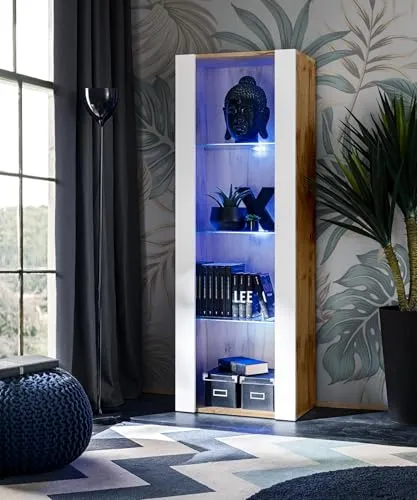 Komodee, Vitrine Schrank Tivoli, Weiß/Wotan, Breite 55cm x Höhe 159cm x Tiefe 35cm, LED Blau, 3 Regalböden, Glassvitrine für Wohnzimmer, Schlafzimmer, Eingang