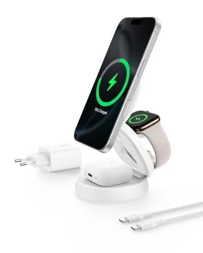 Belkin 3-in-1 Kabellose Ladestation – Schnellladung für iPhone, Apple Watch & AirPods - Kabelloses Qi-Ladegerät für iPhone 16, 15, 14, Apple Watch und AirPods, mit 15W Schnellladung und praktischem faltbarem Design für Reisen.