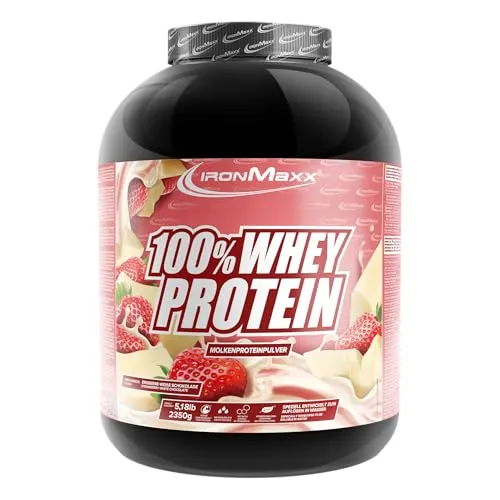 IronMaxx 100% Whey Protein Pulver 2350g - Erdbeere Weiße Schokolade | Cremiger Eiweißshake mit BCAAs & EAAs | High Protein, Low Carb & zuckerarm | Ideal für Diät & Fitness Design kann variieren