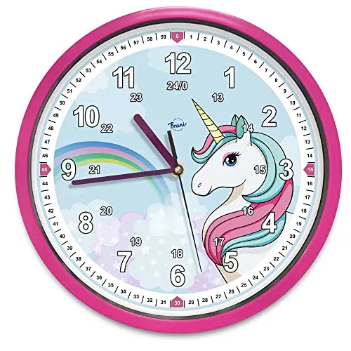 Bruni Wanduhr Einhorn – Kinderwanduhr ohne Tickgeräusche in pink von Bruni