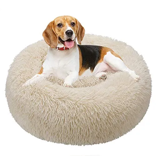 TAMOWA Hundebett, Haustierbett Rund aus Plüsch, Katzenbett flauschig, Welpen Kissen, Tragbare Warme Weiche Bequeme Hundesofa, Donut Kissen für Katzen und kleine Hunde, 60CM, Beige