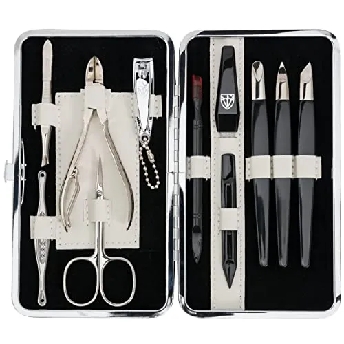 DREI SCHWERTER Germany Maniküreset Nagel Set 'Treviso' - 11-tlg. aus Textil im Zebralook, edles Rahmentui, Inhalt: Nagelzange, Hautschere, Pinzette, Saphirnagelfeile und vieles mehr!