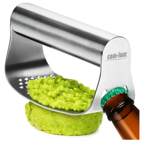 com-four® Edelstahl Küchenwerkzeug - Presse mit Flaschenöffner - zum Zerkleinern von Ingwer, Avocado, Kartoffeln, Obst und Teig - Brei-, Kräuter- und Saftpresse für Camping & DIY (Edelstahl - Walze)