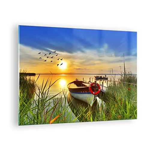 Bilder auf Glas Boot See Sonnenuntergang Sommer Menschen Glasbild 70x50cm Wandbilder Dekoration Wohnzimmer Schlafzimmer Küche Deko Klein Wanddeko Bild im Glas Wand Kunstdruck Art Modern GAA70x50-3053