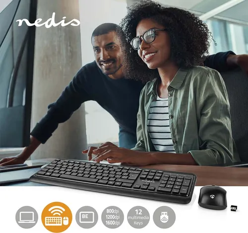Nedis Maus und Tastatur-Set / Wireless / Maus- und Tastaturverbindung: USB / 800 / 1200 / 1600 dpi / Einstellbar DPI / AZERTY / BE-Layout