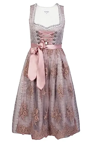 Edelnice Trachtenmode Langes Dirndl Aurelie Silber und Rose - Dirndl für Damen, eleganter Jaquardstoff mit schimmerndem Muster und verspielten Rose-Tönen für einen königlichen Look.