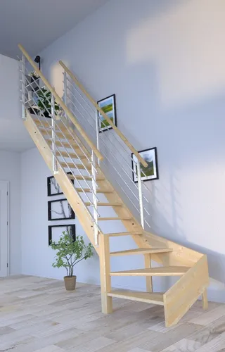 Starwood Raumspartreppe Korfu ¼ gewendelter Holztreppe mit Geländer - Massivholztreppe Korfu für Geschosshöhen bis 300 cm, individuell gestaltbar und platzsparend. Ideal für stilvolle Wohnräume mit beidseitigem Geländer für zusätzliche Sicherheit.