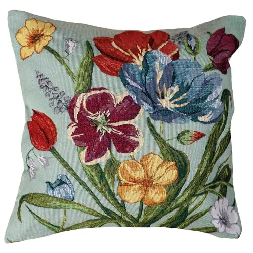heimtexland Gobelin Dekokissen Blumen Deko Kissen Bezug mit Baumwolle Öko-tex Kissenbezug Landhaus Sofakissen Summer Flowers Typ884 Kissenhülle 40x40 cm Türkis