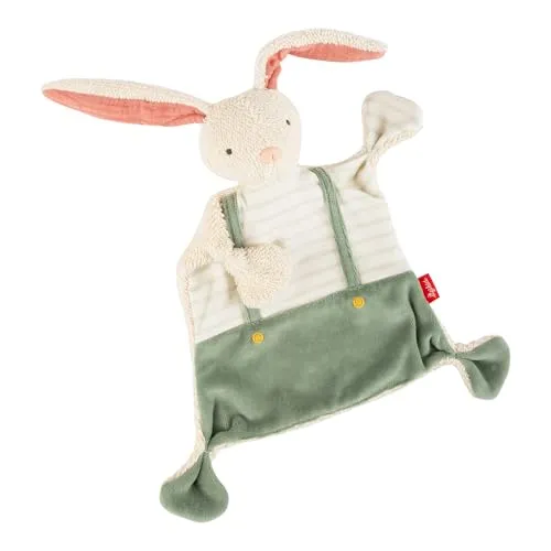 Sigikid 31045 - Schnuffeltuch Hase mit Hosenträger - Kuscheltiere: Liebevoll desigiertes Schnuffeltuch aus 100% Baumwolle, ideal zum Trösten und Spielen für Babys von 0-36 Monaten mit vier Knotenzipfeln zum Greifen.