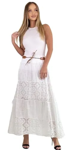 Mississhop Langer Baumwollrock mit Spitze & Gürtel 3094 Weiß - Damen Maxirock aus 100% Baumwolle, mit romantischen Spitzeneinsätzen und einem bequemen Bindegürtel – ideal für Sommer und Freizeit.