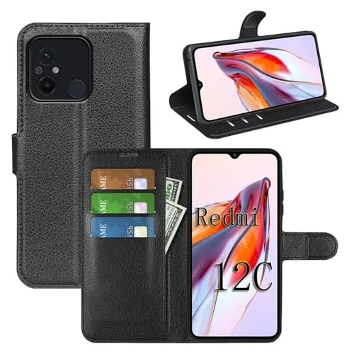 betterfon Handyhülle Kompatibel mit Xiaomi Redmi 12C | Premium Qualität TPU Klapphülle für Redmi 12C mit Kartenfächern | Magnetverschluss Handyhülle | Schwarz