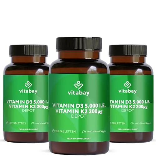 Vitabay Vitamin D3 + K2 Depot – 540 vegane Tabletten – hochdosiert – 5000 IE Premium Vitamin D3 mit K2-MK7 All-Trans – ohne Zusätze – vegan & laborgeprüft in Deutschland – 3er Bundle