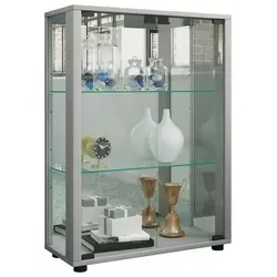 VCM Glasvitrine Sintalo mit Spiegel – elegante Standvitrine - Vitrine in Silber mit 2 höhenverstellbaren Fachböden aus ESG-Sicherheitsglas. Ideal zum Schutz und zur Präsentation Ihrer Schmuckstücke.