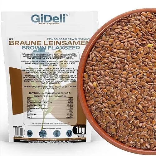 GiDeli Leinsamen Braun 1kg ganz Braune Leinsamen Leinsaat Braun Müsli zum Backen Naturprodukt Vegan