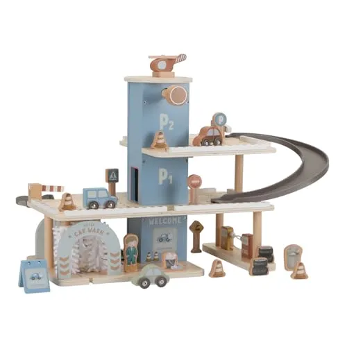Produktbild Little Dutch Parkhaus Parkgarage 3 Etagen aus Holz Spielset mit viel Zubehör - blau