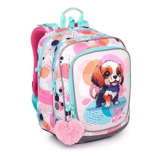 TOPGAL Schulrucksack für Mädchen ab 1. Klasse, ergonomisch & leicht, wasserabweisend, mit reflektierenden Elementen, 21 L Schulranzen mit Brustgurt & Rückenpolsterung (Hund)
