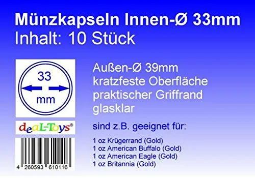 deaL-Toys 10 Münzkapseln 14-41mm - Münzdosen, Münzkapsel, Capsules, Coin Caps (33mm)