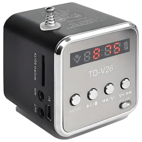 Hipipooo Mini Radio Bluetooth Lautsprecher, Tragbarer FM-Radio, Outdoor Kabelloser Mini Lautsprecher, Music Speaker MP3-Player, Soundstation, USB, Line-In, Micro SD TF (Schwarz