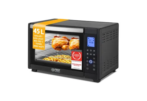 TZS First Austria Minibackofen - 45L, 2000 Watt, kompakter Elektroofen mit digitalem Bedienfeld und Drehspieß, ideal für platzsparendes Kochen und Grillen