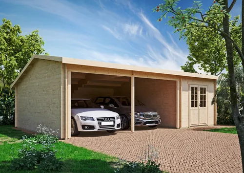 Fjordholz Holzgarage Modell Holnis 44 - Robuste Bauweise - Die Holzgarage Modell Holnis 44 aus massivem nordischer Fichte bietet eine stabile 44mm Wandstärke. Ideal für Garten und Lagerung, mit extra hoher Doppeltür für einfachen Zugang und wetterfesten Materialien.