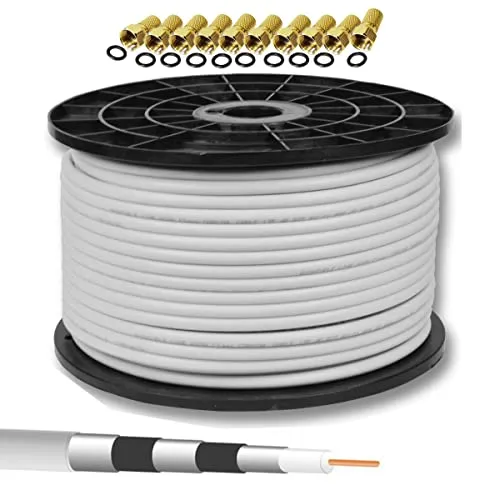 Premium X 100m Koaxialkabel 135dB - 5-fach abgeschirmt - HiFi-Kabel für erstklassigen Empfang - Ideal für Sat-Anlagen und Kabelfernsehen. Mit 5-fach ALU-Abschirmung und 135 dB Schirmungsmaß für störungsfreien Empfang.