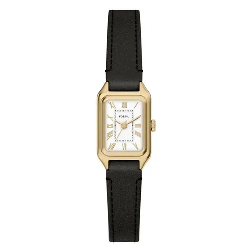 Fossil Raquel Damen Uhr ES5470 – Elegante Trendsetterin - Stylische 18-mm Armbanduhr mit goldfarbenem Edelstahlgehäuse, kratzfestem Glas und schwarzem Lederband für individuelle Anpassung. Ideal für den täglichen Einsatz, spritzwasserfest bis 50 m.