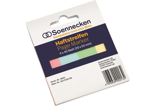 Soennecken Haftnotizblock Haftstreifen 5865 RC 20x50mm 40 Blatt sortiert 4 Stück