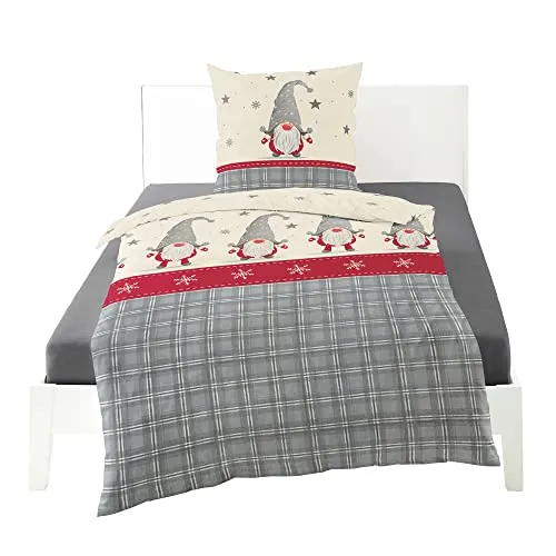 Bierbaum Bettwäsche 3743 - Feinbiber, 100% Baumwolle, grau 10, 135 x 200 + 80 x 80 cm, kuschelige Winterbettwäsche mit Wichtel-Design