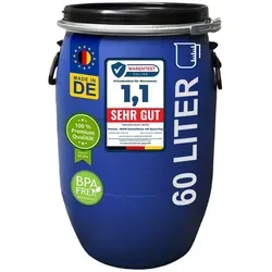 plasteo® 60 Liter Deckelfass - Weithalsfass mit Spannverschluss - Regentonne aus lebensmittelechtem Kunststoff, ideal für die Lagerung von Lebensmitteln, Chemikalien und mehr. Witterungsfest und frostsicher, perfekt für Haus und Garten.