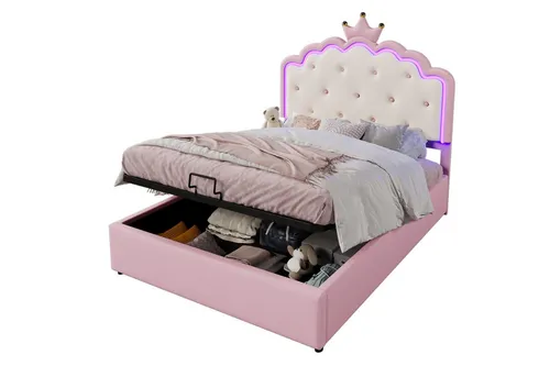 REDOM Polsterbett Gästebett,Jugendbett,mit LED-Umgebungslicht (Polsterbett,mit Lattenrost, Fernsteuerbarem Ambientelicht, Hydraulischer Stauraum, Rosa Kronprinzessinnen Design für Kinderzimmer, Umweltschonendes kunstleder-Material, ideal für Mädchen, mit stilvollem LED-Licht und praktischer Aufbewahrung, 140 x 200 cm), ohne Matratze