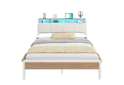 KIMENICH Polsterbett mit RGB-LED-Beleuchtung und Ladestation, 140x190cm - Modernes Polsterbett mit RGB-LED-Beleuchtung und praktischem Kopfteilfach. Ideal für stilvolle Schlafzimmer, inklusive Zubehör und Anleitung für einfache Montage.